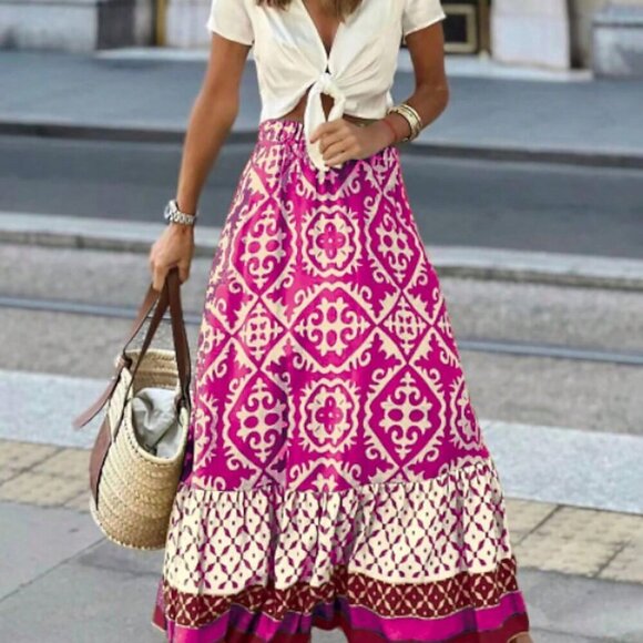 Hot Pink Boho Women's Colorblock Floral Print Ruffle Hem Skirt Maxi Outfit - Picture 1 of 8